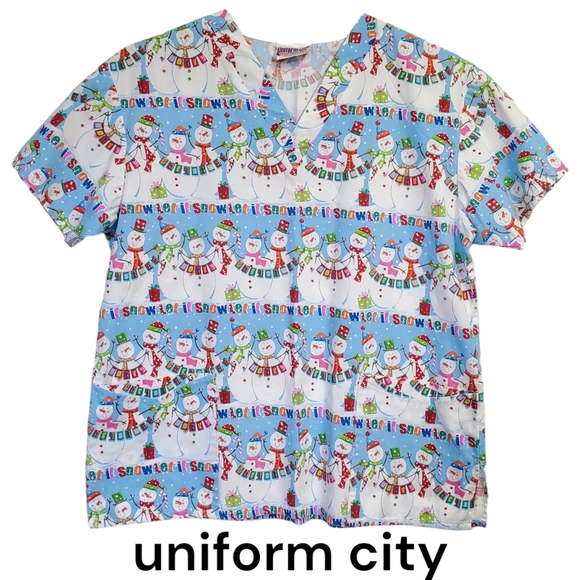 Uniform City  Snowmen Let It Snow / Merry Christmas Women's Scrub Top - Picture 1 of 5